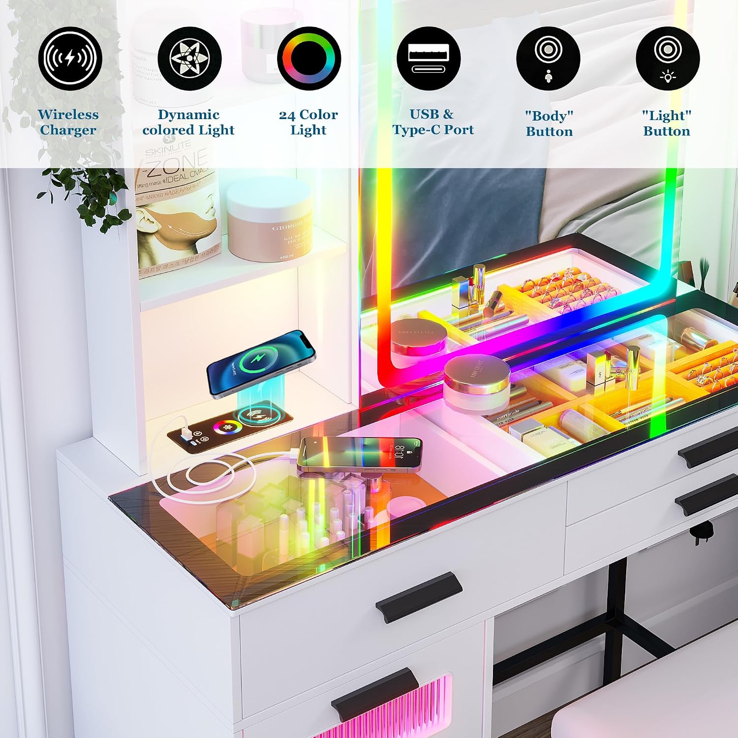 WOOVIVS Glass Top Vanity with LED Mirror, 6 Drawer Dresser with Charging Station for Bedroom, Small Makeup Vanitys Table with RGB Light, Vanity Set with Chair,Jewelry Organizer for Girls-White