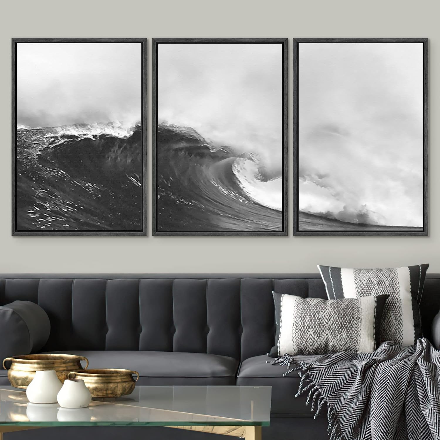 SIGNWIN Framed Canvas Print Wall Art Set Black & White Ocean Beach Waves Nature Wilderness Photography Modern Art Landscape Relax/Calm for Living Room, Bedroom, Office - 24'x36'x3 Black