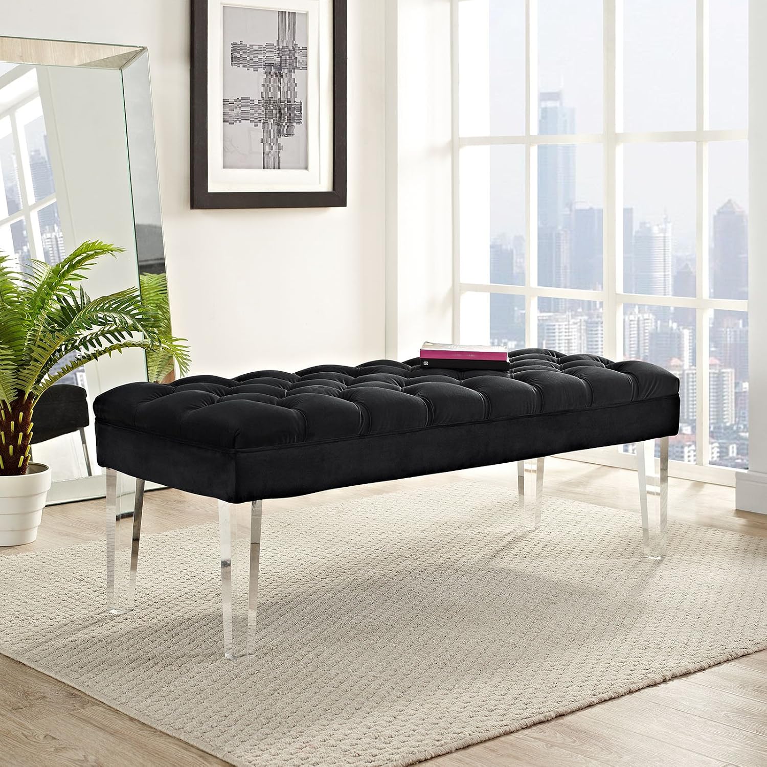 Modway Valet Tufted Button Performance Velvet Upholstered Bedroom Or Entryway Bench with Acrylic Legs in Black