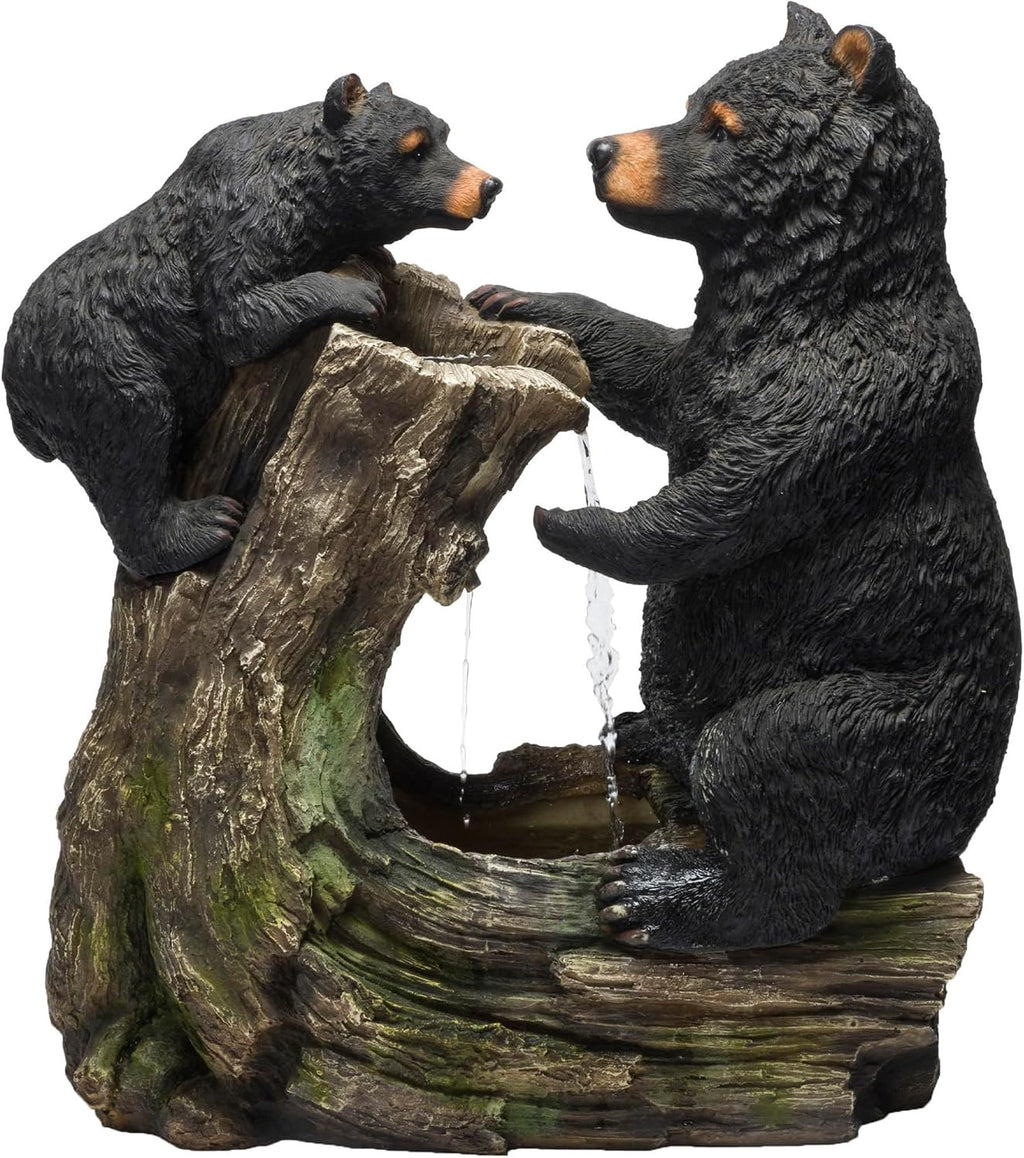 Alpine Corporation USA1132 Indoor/Outdoor Floor Bear and Cub on Log Fountain, Playful Bear and Cub Garden Fountain 26', Black