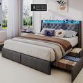 SADENICEL Full Size Bed Frame with Storage Headboard and 4 Drawer, Metal Full Bed Frame Platform with LED Light, Charging Station, No Box Spring Needed, Noise Free, Easy Assembly, Grey