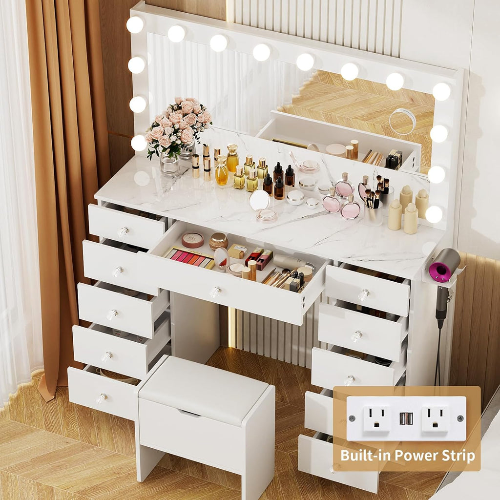VOWNER Vanity with Lighted Mirror - Makeup Vanity Desk with 11 Drawers and Outlet, 3 Color Lighting Modes Adjustable Brightness, 46' Vanity Table with Soft Cushioned Stool for Bedroom, Marble