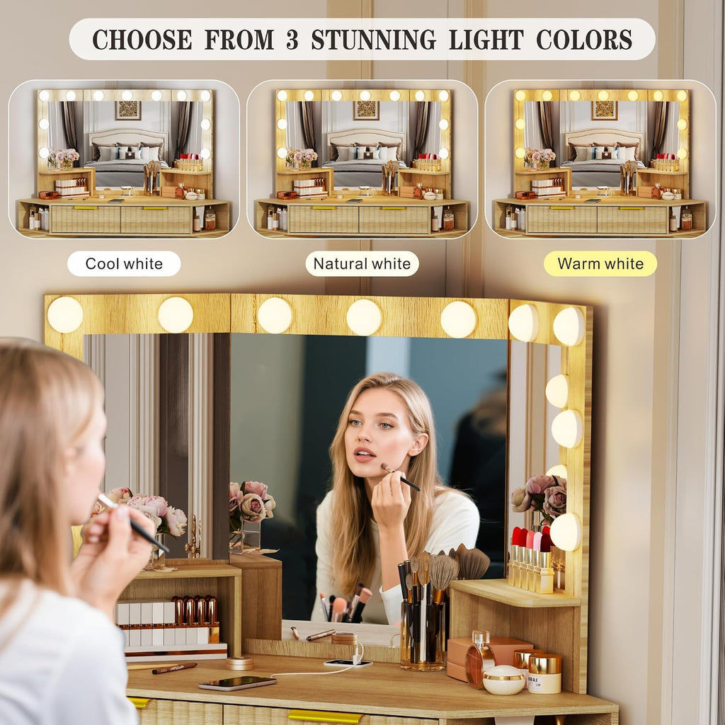 Vanity Desk with Charging Station & LED Lights Mirror – Corner Design HD Triple Mirror Makeup Vanity Table Set with Storage Drawers & Chair for Living Room/Bedroom Ideal Gift (Wood)