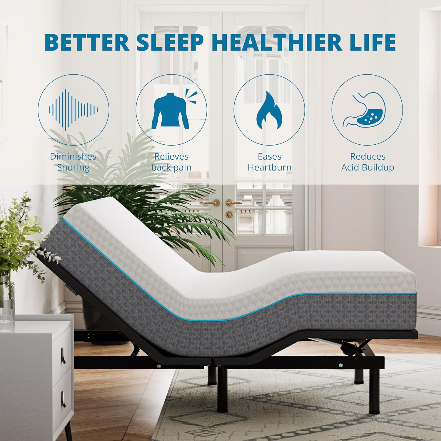 EGOHOME Twin XL Adjustable Bed Frame and 14 inch Charcoal Gel Memory Foam Mattress, Independent Head and Foot Incline with Massage Foldable Bed, Wireless Remote, Zero Gravity, No Headboard