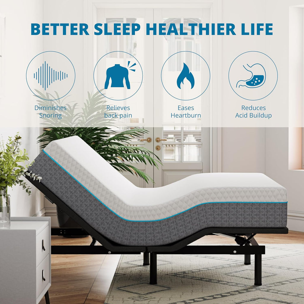EGOHOME Adjustable Bed Frame Full Size and 14 inch Charcoal Gel Memory Foam Mattress, Independent Head and Foot Incline with Massage Foldable Bed, Wireless Remote, Zero Gravity, No Headboard