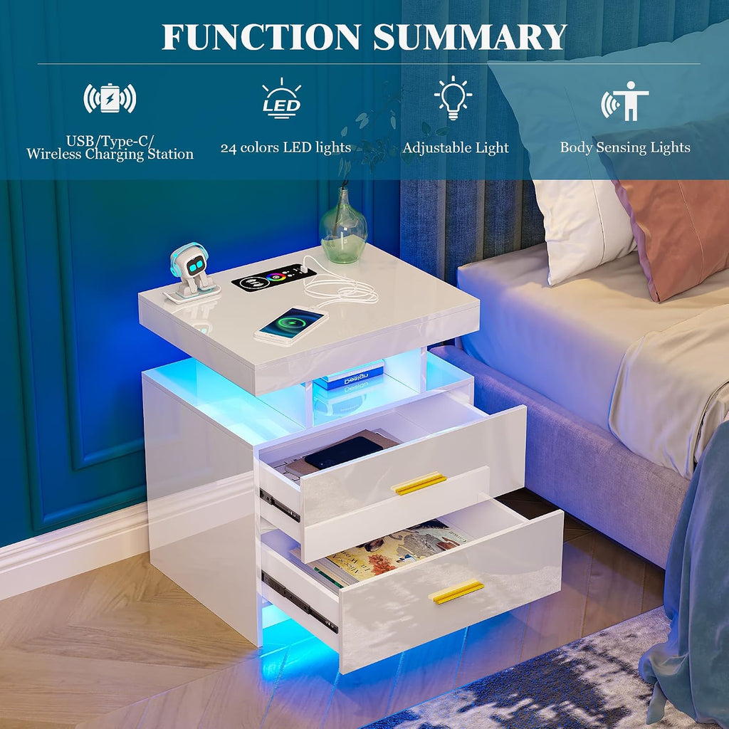 WOOVIVS Night Stand Set 2 with USB/Type-C/Wireless Charging Station, White Nightstands with RGB Auto LED Lights, Modern Bedside Table Set of 2 with 2 Drawers for Bedroom Furniture