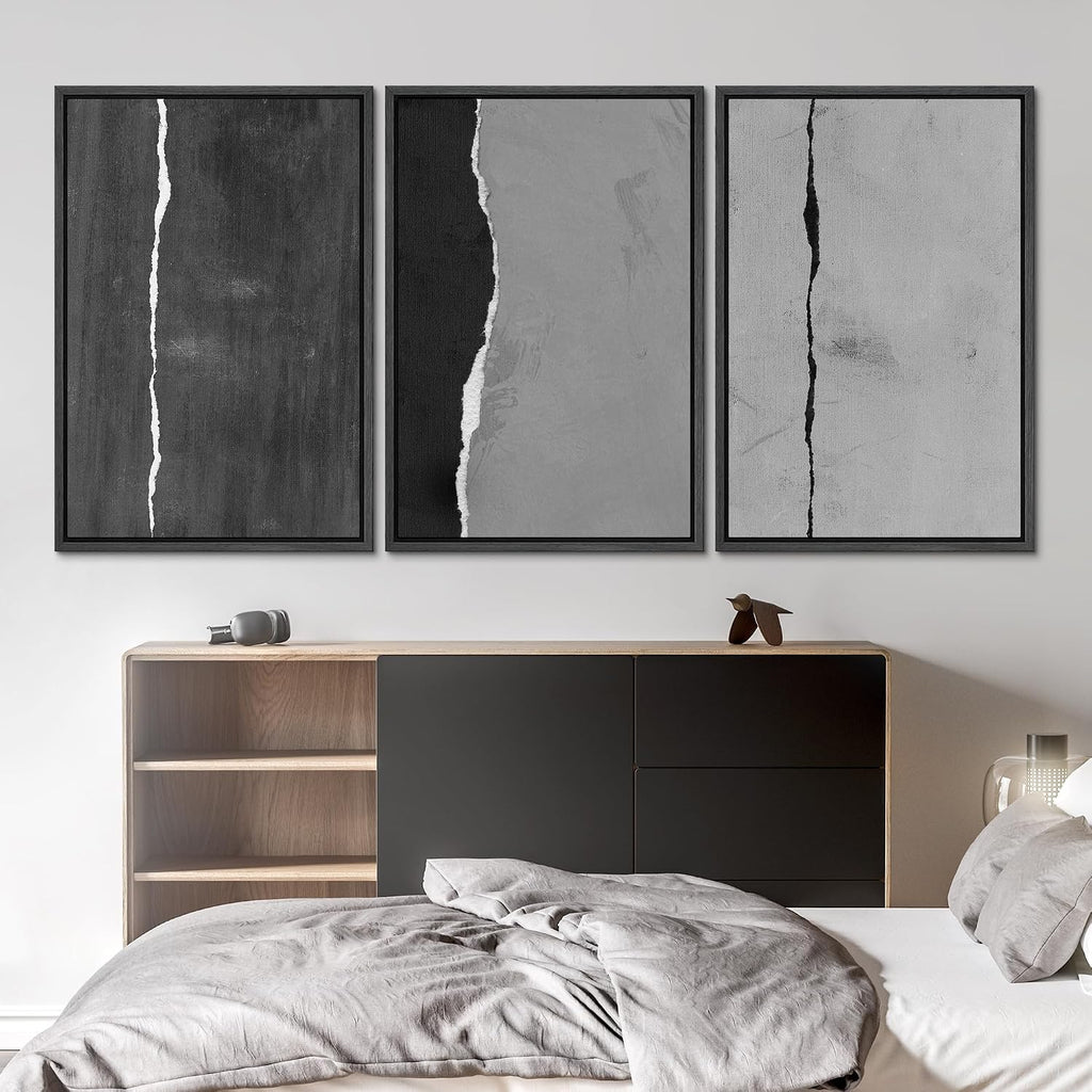 SIGNLEADER Framed Canvas Print Wall Art Set Black and White Torn Minimalist Grunge Illustrations Minimal Decorative Bohemian Nordic for Living Room, Bedroom, Office - 16'x24'x3 BLACK