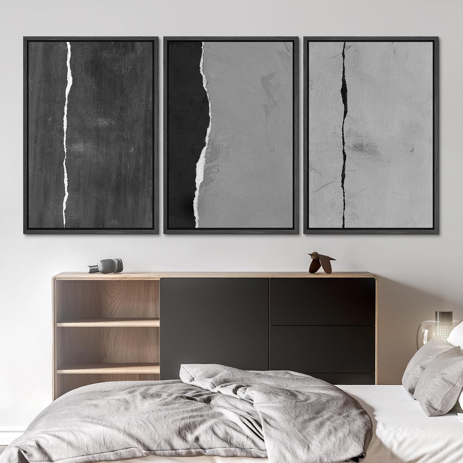 SIGNLEADER Framed Canvas Print Wall Art Set Black and White Torn Minimalist Grunge Illustrations Minimal Decorative Bohemian Nordic for Living Room, Bedroom, Office - 16'x24'x3 BLACK