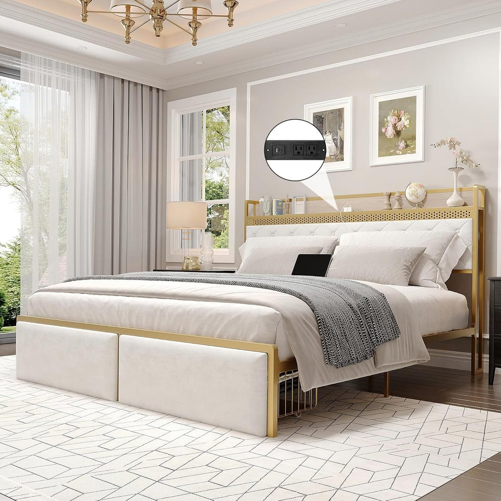King Bed Frame with Headboard,Upholstered Bed Frame King Size with 2 Drawers,Metal Platform Bed Frame with Charging Station & LED Lights,Noise-Free/Metal Slats Support/No Box Spring Needed