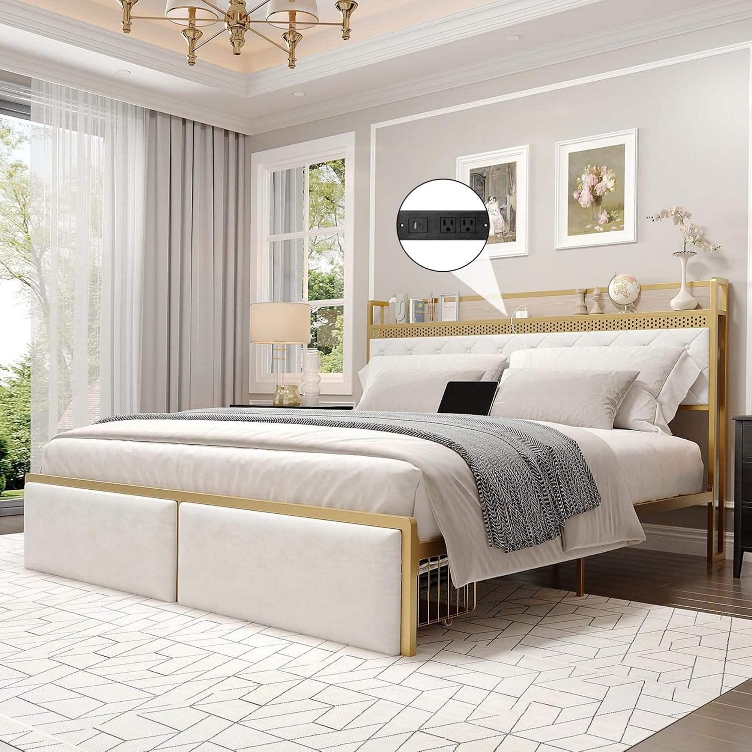 King Bed Frame with Headboard,Upholstered Bed Frame King Size with 2 Drawers,Metal Platform Bed Frame with Charging Station & LED Lights,Noise-Free/Metal Slats Support/No Box Spring Needed
