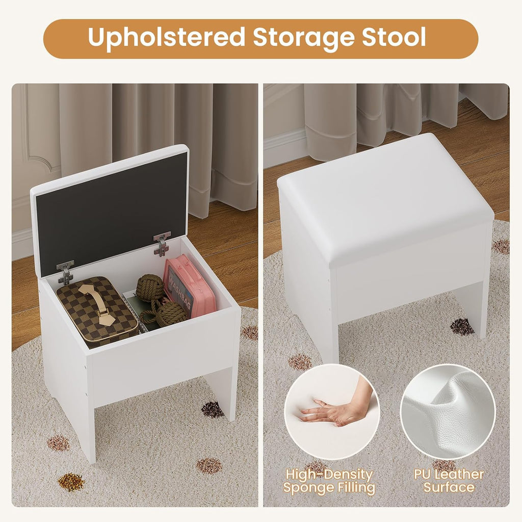 BTHFST Corner Vanity with Tri-Fold Mirror & Cushioned Storage Stool, Vanity Desk with Mirror and Lights, Makeup Vanity with Charging Station, Makeup Table with Drawers, Shelves, White