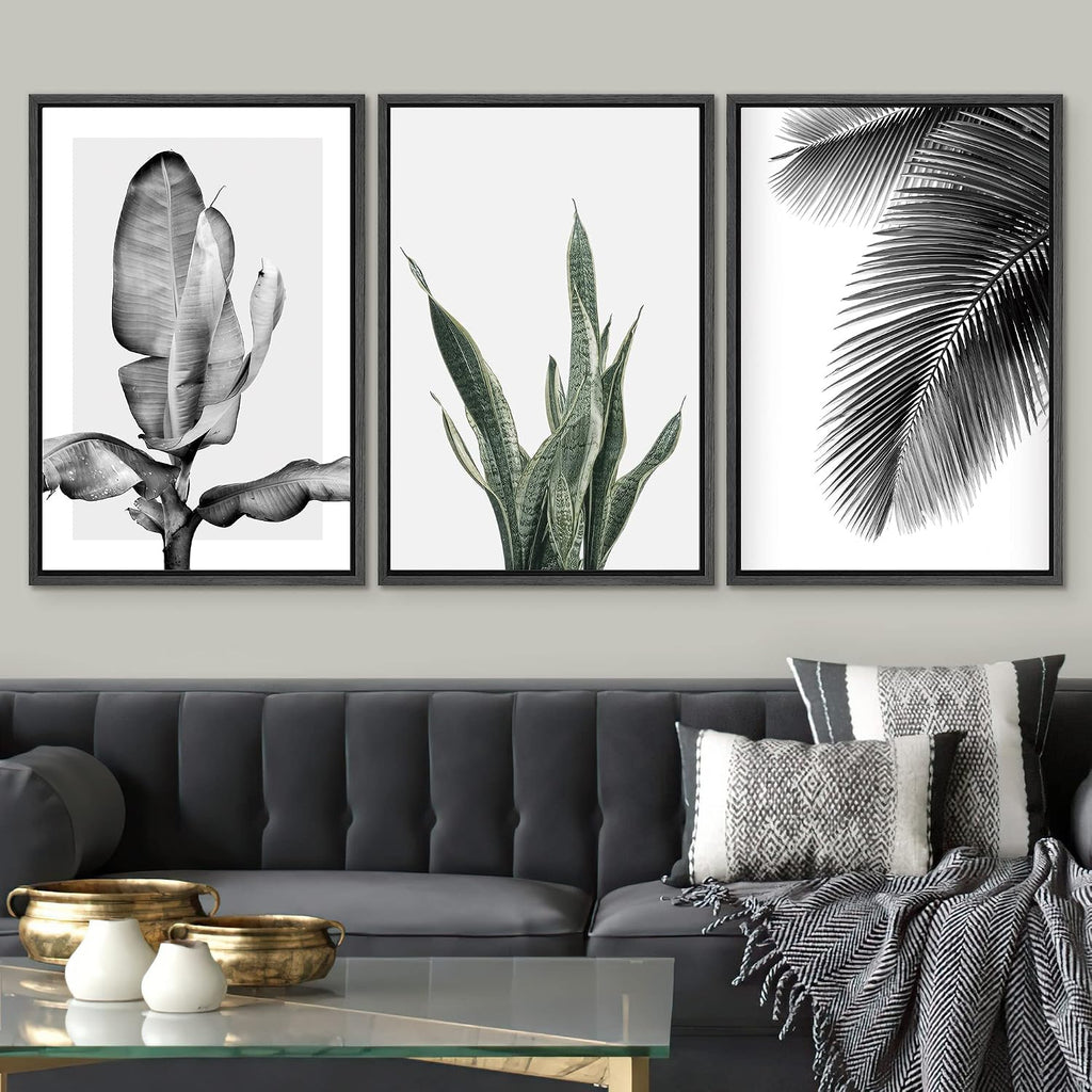 SIGNWIN Framed Canvas Print Wall Art Trio of Jungle Palms & Snake Succulents Floral Plants Photography Modern Art Minimalist Black and White for Living Room, Bedroom, Office - 24'x36'x3 Black