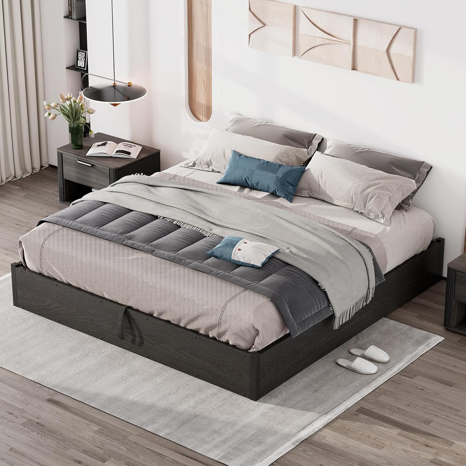LUXOAK King Size Lift Up Storage Platform Bed Frame, Metal Bed Frame with Wooden Slats Support, No Box Spring Needed, Large Storage Space, Noise Free, Easy Assembly, Black