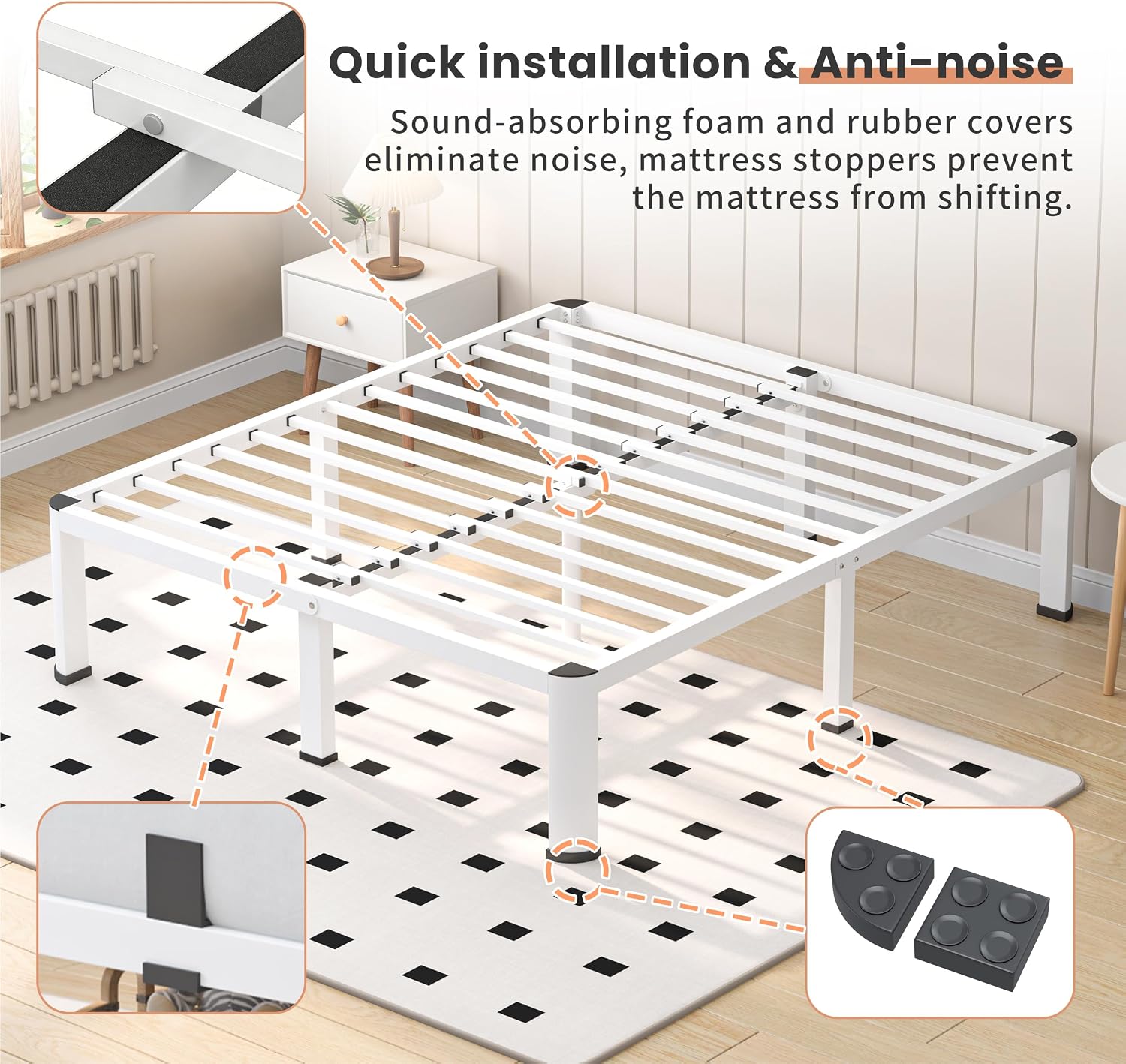 VIPSHOW 18 Inch White King Heavy Duty 3500 lbs Bed Frame with Round-Corner Legs & Anti-Squeak Design – Quick Assembly Metal Platform, No Box Spring Needed