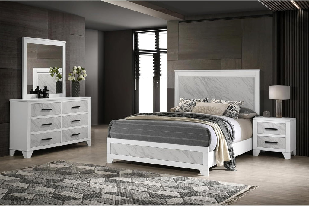 Furniture of America Anton Modern Solid Wood 4-Piece Bedroom Set with Faux Marble Headboard Bed, Metal Center Glide on Nightstand and Dresser with Mirror, Box Spring Needed for Bedroom, King, White