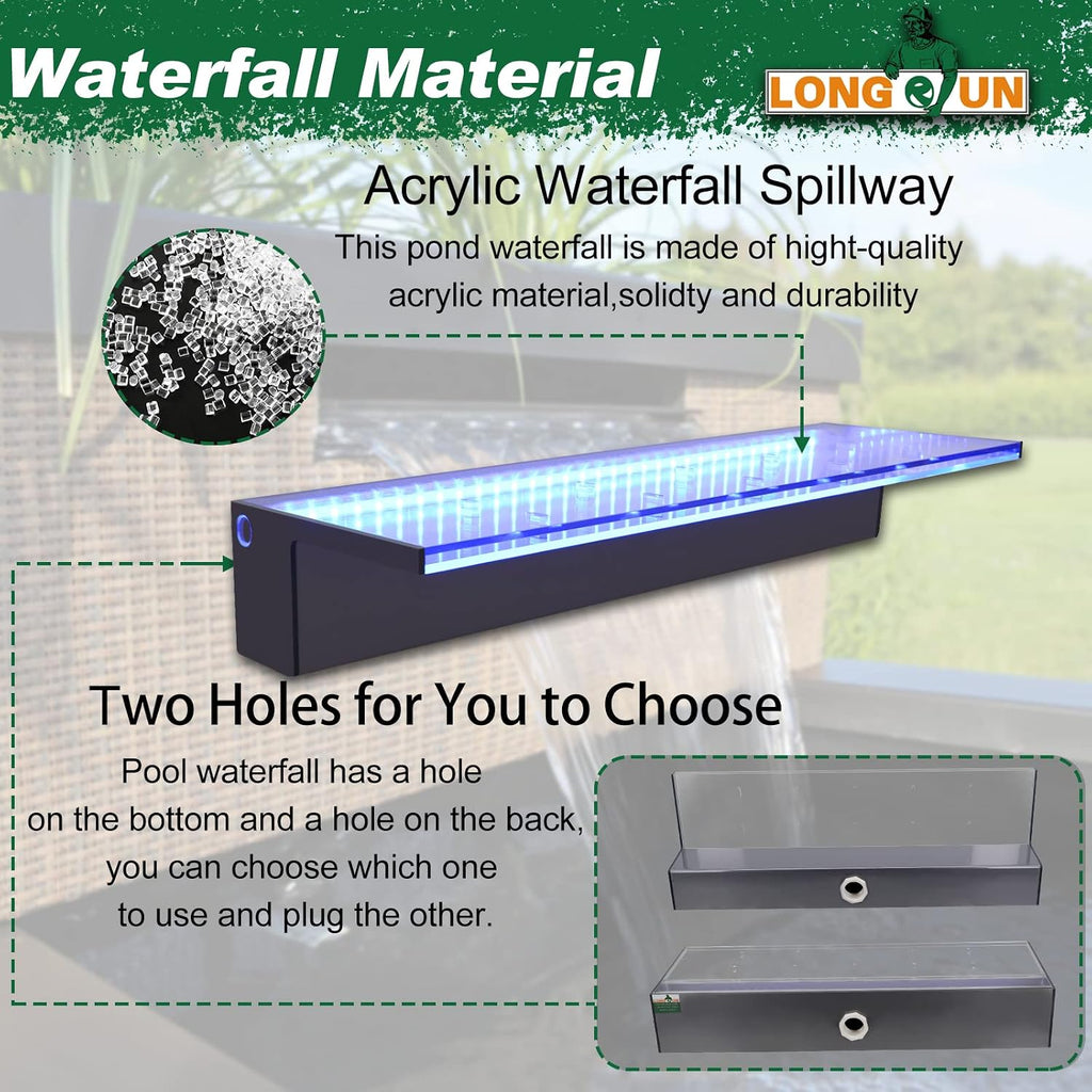 LONGRUN Waterfall Spillway, APP Control Multi-Color LED Light Outdoor Pool Fountain, Acrylic Water Spillway Koi Pond Waterfalls Fountains Kit for Garden Patio Swimming Pool Decoration-23.6'