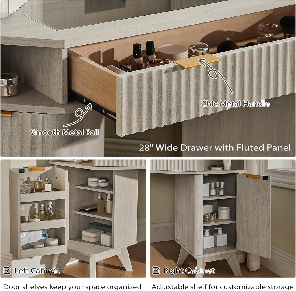 T4TREAM Fluted Makeup Vanity Desk with 3 Way Mirror and Lights, 48' Large Corner Vanity Table with Glass Top, Charging Station, 3 Drawers, Storage Cabinets & Shelves, for Bedroom, White Alder