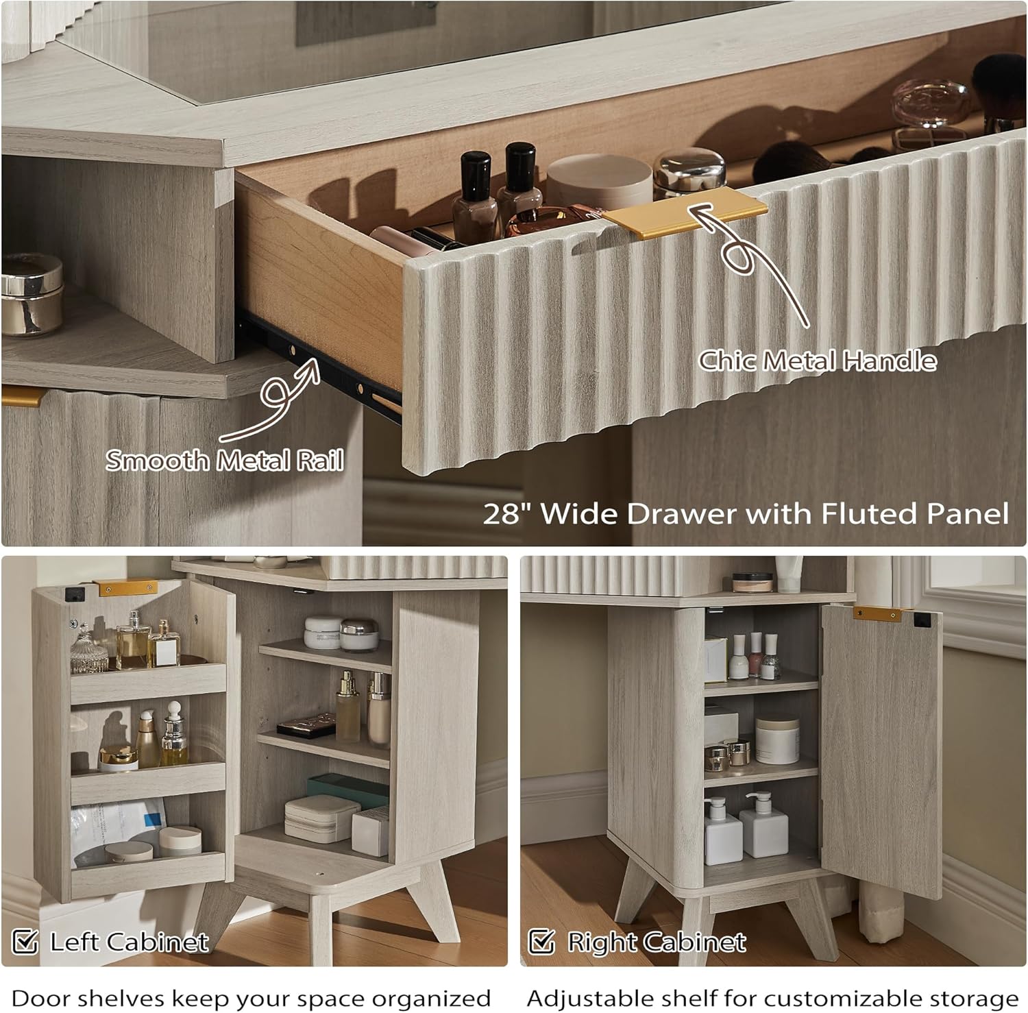 T4TREAM Fluted Makeup Vanity Desk with 3 Way Mirror and Lights, 48' Large Corner Vanity Table with Glass Top, Charging Station, 3 Drawers, Storage Cabinets & Shelves, for Bedroom, White Alder