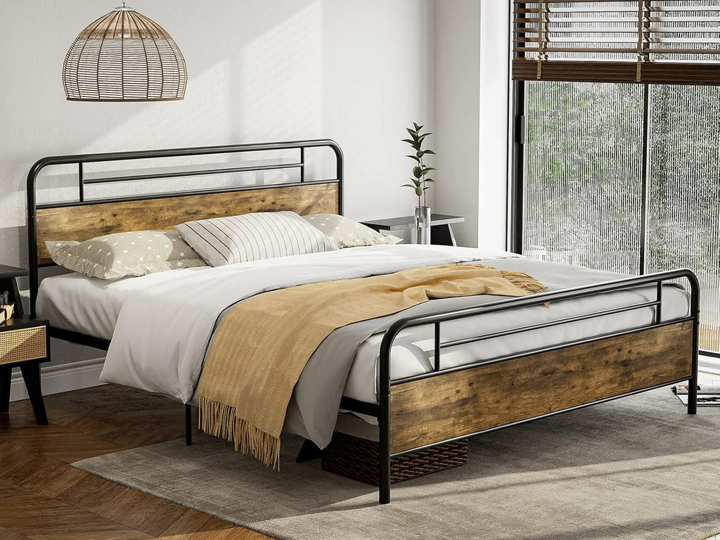 IKIFLY California King Bed Frames with Wood Headboard Footboard, Farmhouse Metal Cal King Platform Bed, Heavy Duty Steel Slats, 12' Under Bed Storage, Noise Free, No Box Spring Needed - Rustic Brown