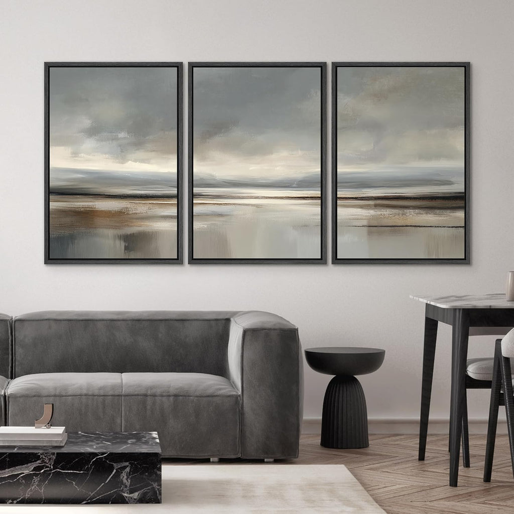 SIGNWIN Framed Canvas Print Wall Art Set Neutral Coastal Horizon Landscape Minimalist Seascape and Sky Illustrations Modern Art Decorative Rustic for Living Room, Bedroom, Office - 24'x36'x3 Black