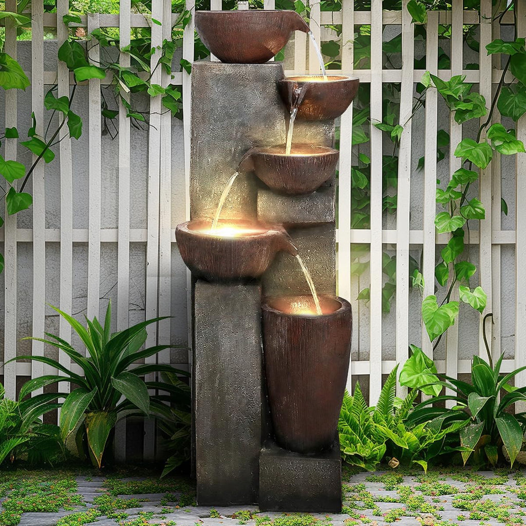 SunJet 5-Tier Outdoor Water Fountain Resin Fountain Decor with LED Lighting Natural Polyresin Looking Stone Decor for Garden Patio Fold Court Yard Deck 12.99' L x 13.78' W x 39.76' H