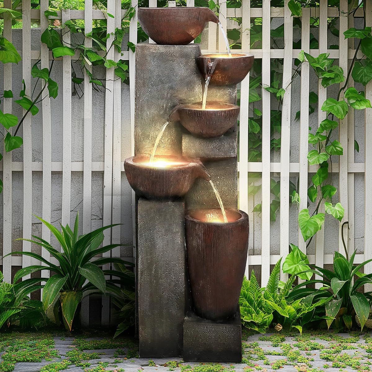 SunJet 5-Tier Outdoor Water Fountain Resin Fountain Decor with LED Lighting Natural Polyresin Looking Stone Decor for Garden Patio Fold Court Yard Deck 12.99' L x 13.78' W x 39.76' H