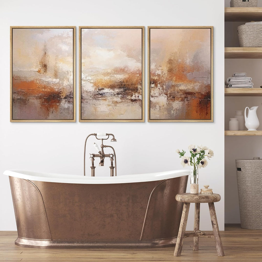 wall26 Framed Canvas Print Wall Art Set Vibrant Red & Orange Paint Stroke Landscape Abstract Shapes Illustrations Modern Art Geometric Mid-Century Modern Cozy for Bedroom - 16'x24'x3 Natural