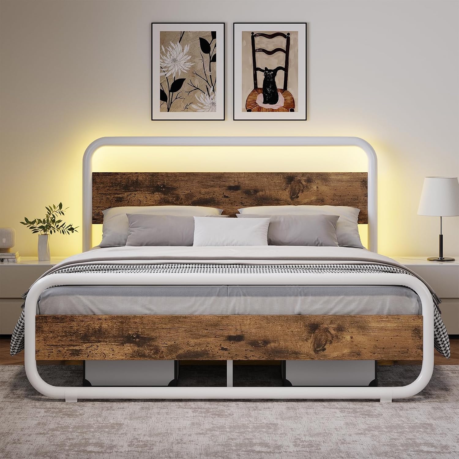Catrimown Queen Bed Frame with LED Lights, Heavy Duty Metal Rustic Platform Bed Frame Queen Size with Headboard, Noise Free, No Box Spring Needed, White