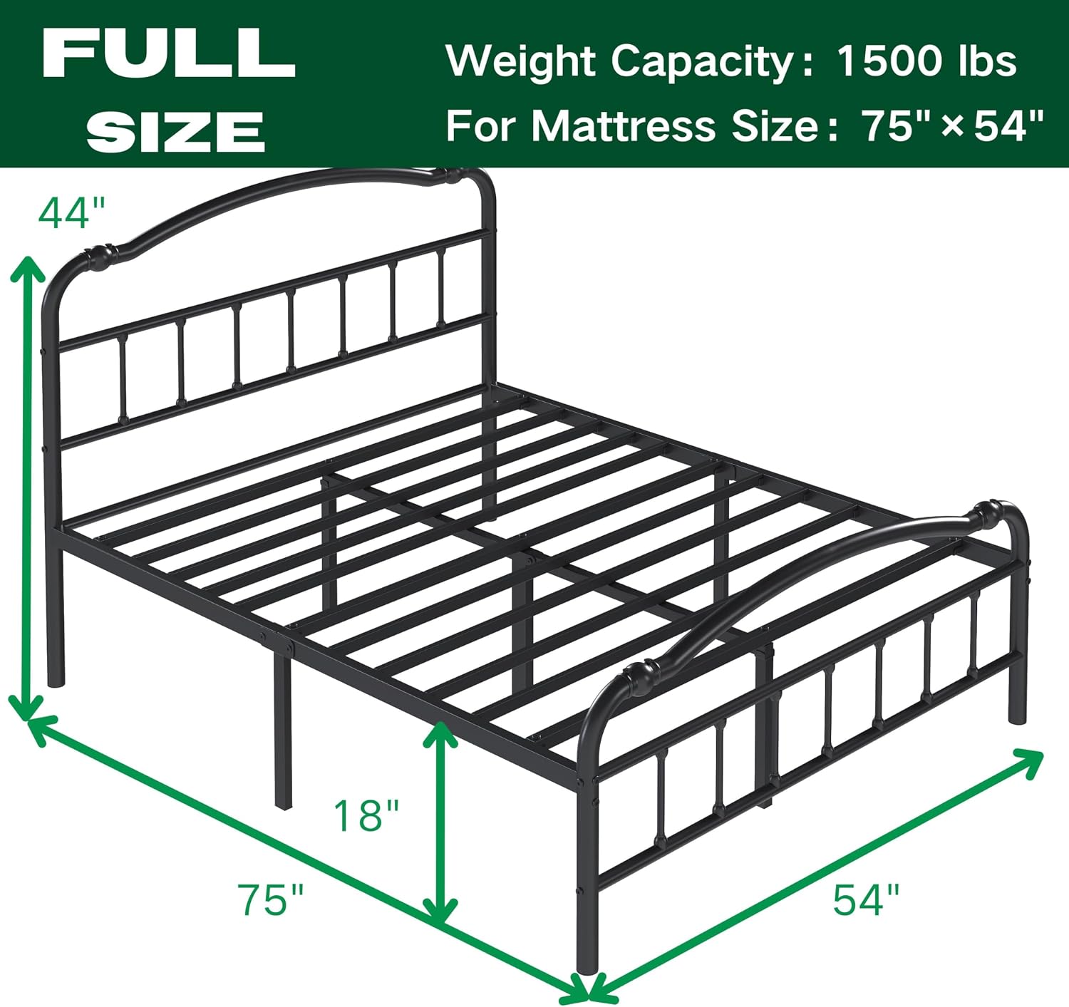 ZIYOO Vintage 18 Inch Full Metal Bed Frame with Victorian-Style Headboard & Footboard, Sturdy Platform Design, Under Bed Storage, No Box Spring Needed, Noise Free, Elegant Black