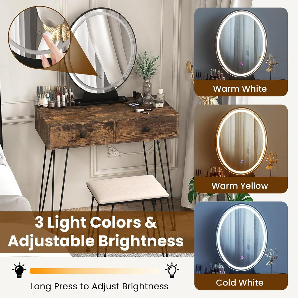 Byroce Vanity Desk with Lighted Mirror, 3 Color Lighting Modes, Adjustable Brightness, 2 Large Drawers & Acrylic Storage Box, Makeup Vanity Table with Cushioned Stool for Bedroom (Rustic Brown)