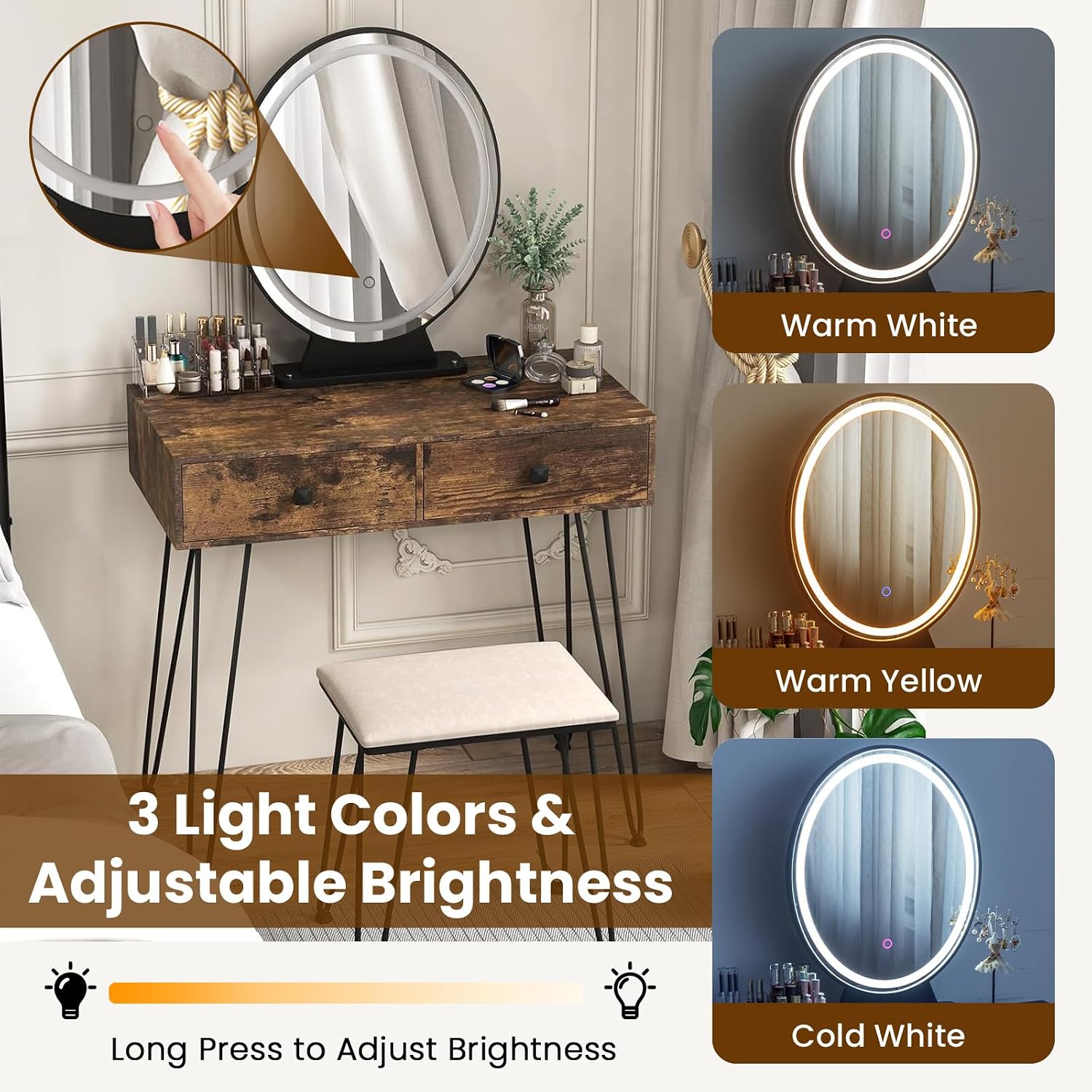 Byroce Vanity Desk with Lighted Mirror, 3 Color Lighting Modes, Adjustable Brightness, 2 Large Drawers & Acrylic Storage Box, Makeup Vanity Table with Cushioned Stool for Bedroom (Rustic Brown)