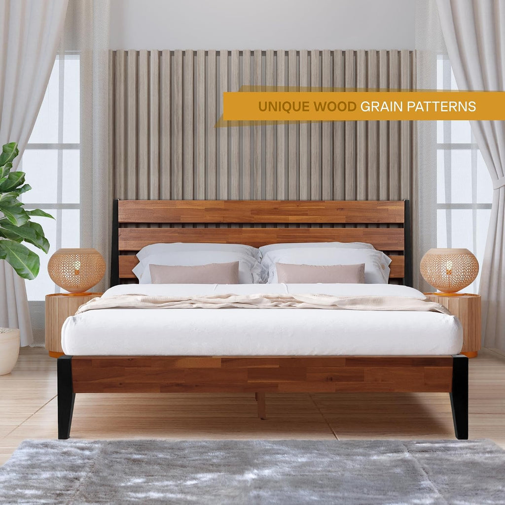 Acacia Emery Bed Frame with Headboard 100% Solid Wood Platform Bed, Scandinavian Bed Style with All Mattresses, Non-Slip and Noise-Free, 30 Mins Assembly, Queen Size Bed Frame, Americano