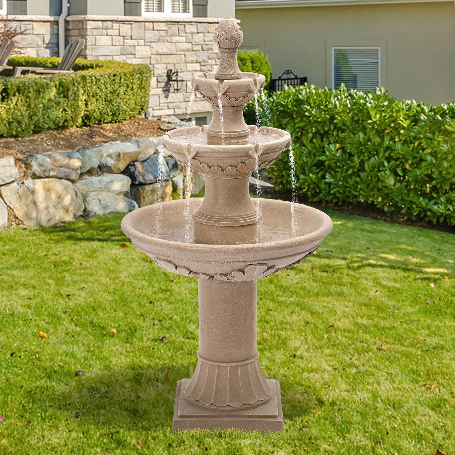 TITIMO 48' High Italian Feature Freestanding Water Fountain Outdoor and Indoor,3-Tier Roman Pillar Waterfalls Fountains for Garden,Patio,Yard,Deck,Backyard,Porch (Natural Tan)