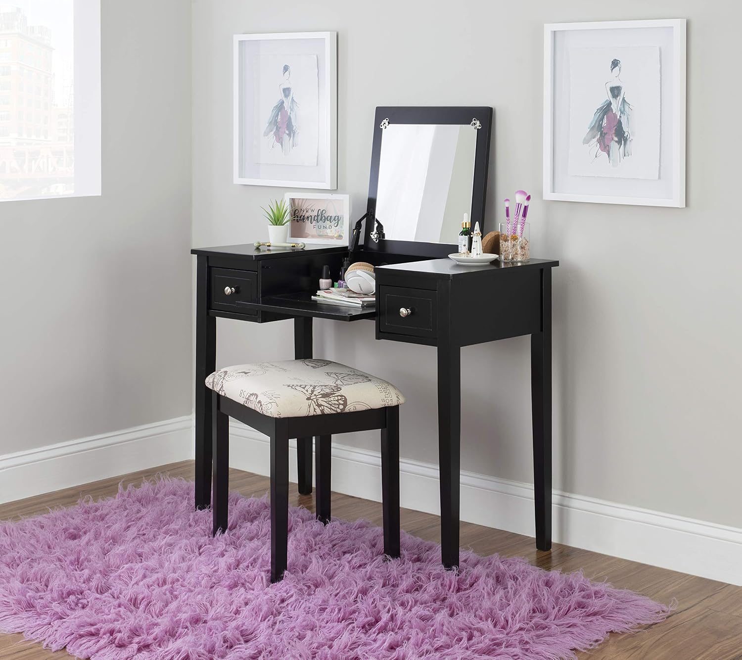 Linon Home Dcor Linon Black Butterfly Stool Vanity Set with Bench, 36'w x 18'd x 30'h,