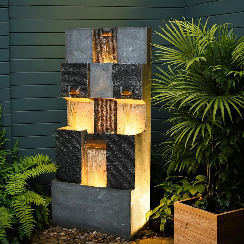 Bumilgar 44.8' H Modern Outdoor Water Fountain with LED Lights and Pump, Mutiply-Tier Standing Cascading Waterfall - Modern Design for Garden,Patio,Yard, Multi-Level Outdoor Decor (Gray)