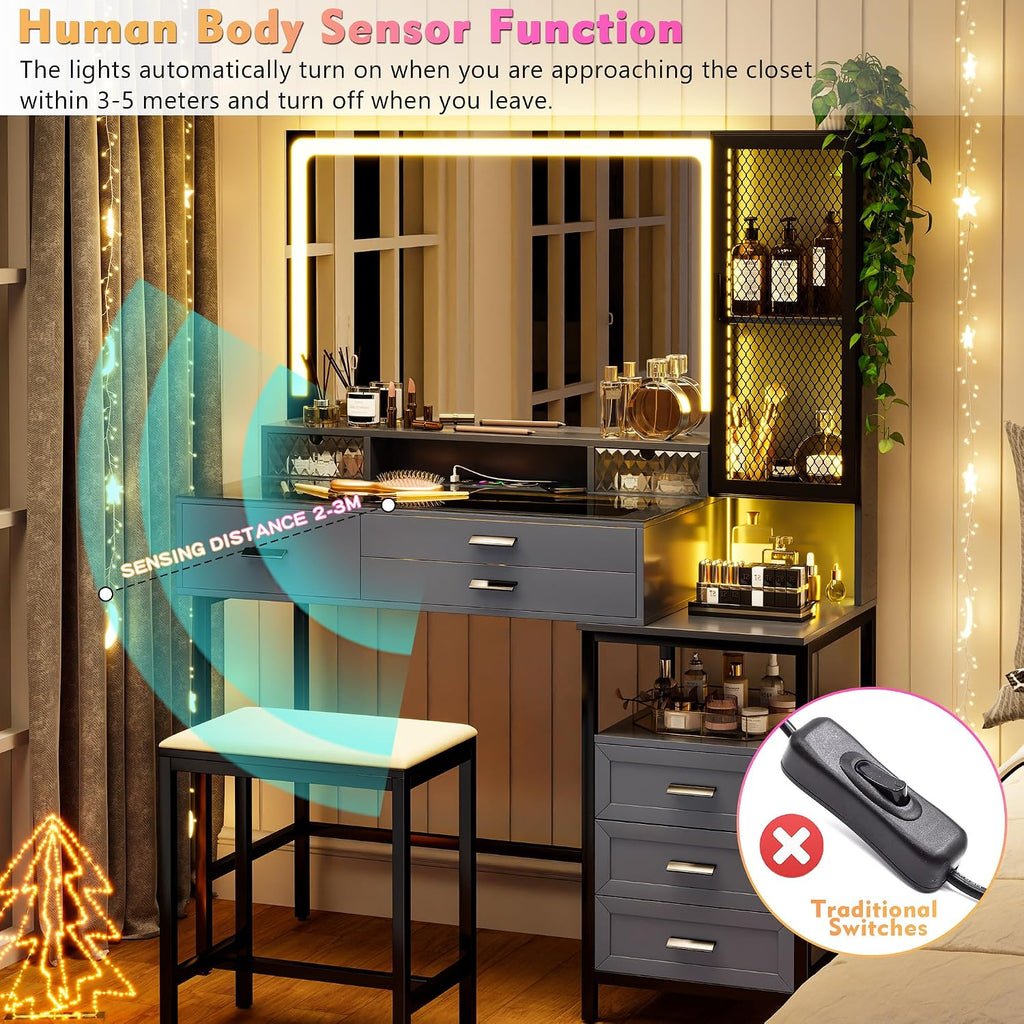 Lvifur RGB Vanity Desk - with Mirror and Lights,7 Dynamic & 24 Static Dimmable Vanity Table Set with Charging Station,Human Sensor LED Vanities w/Glass Top,6 Drawers,Stool,Grey