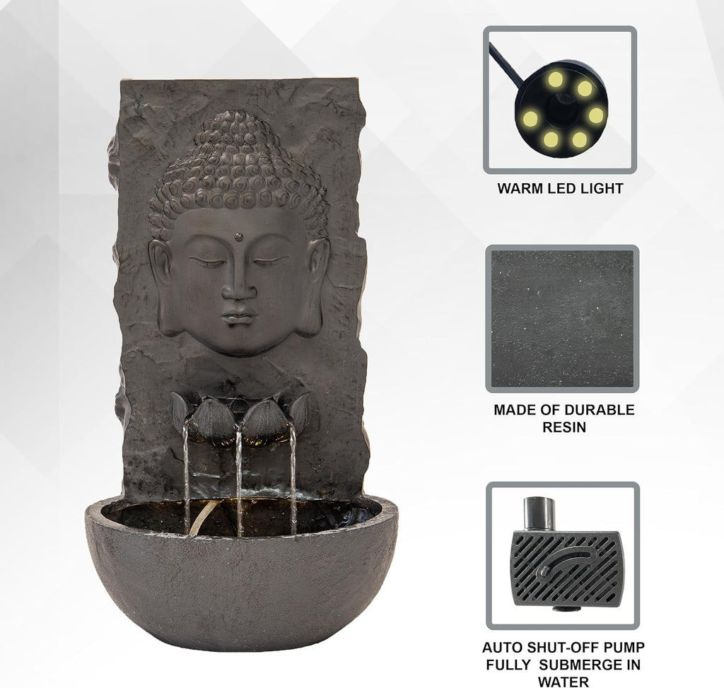 XBrand 30' H Buddha Water Fountain, Zen Wall Outdoor Garden Fountain w/Warm LED Light & Pump, Black Resin Water Fountain for Patio Backyard Home Decor