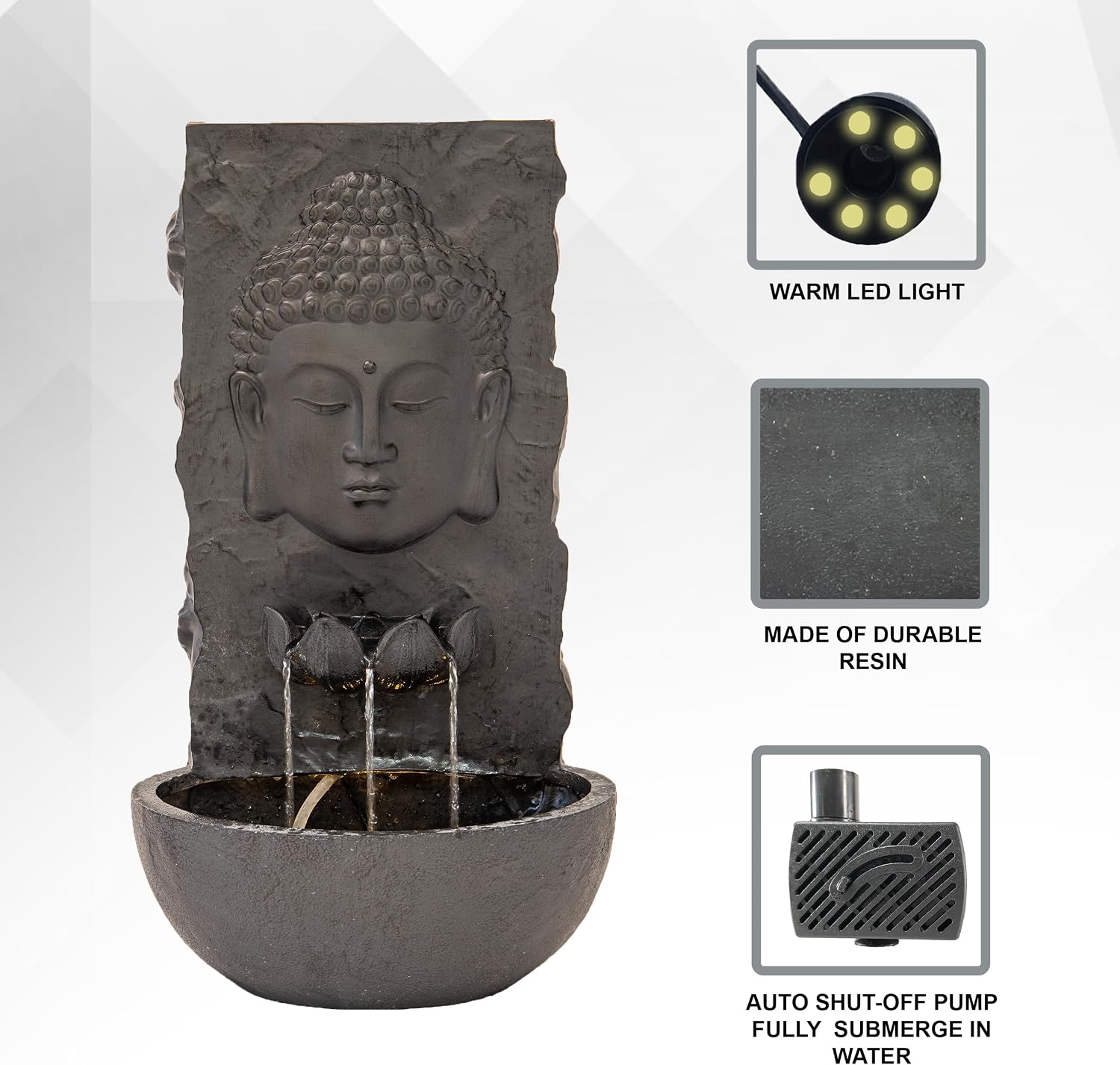 XBrand 30' H Buddha Water Fountain, Zen Wall Outdoor Garden Fountain w/Warm LED Light & Pump, Black Resin Water Fountain for Patio Backyard Home Decor