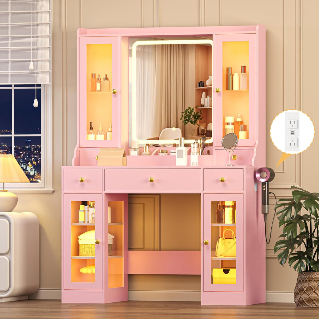 Wodeer Makeup Vanity Desk with Mirror and Lights, 41' Pink Vanity Set with 5 Drawers & 4 Glass Cabinets, Power Outlet & Adjustable LED Lights, Dressing Table for Women & Girls Bedroom
