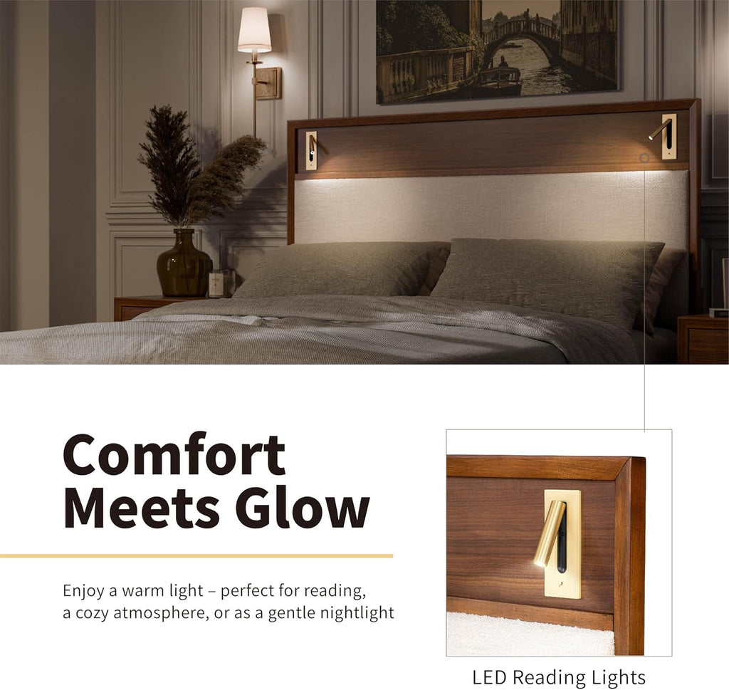 Furniture of America Forma Modern Solid Wood 3-Piece Bedroom Set with Upholstered Bed with LED Lights, Ball-Bearing Glide on Nightstand and Chest, No Box Spring Needed, Queen, Walnut
