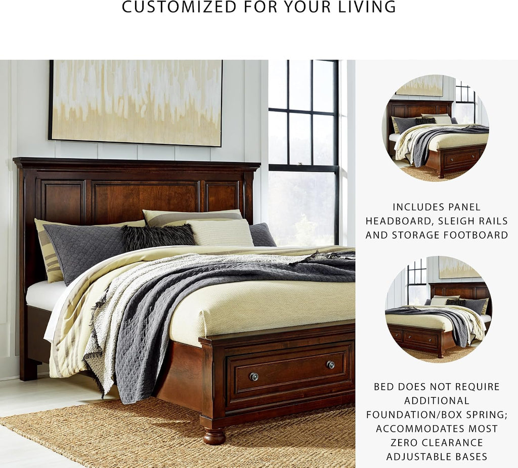Signature Design by Ashley Porter Traditional 2-Drawer California King Panel Platform Storage Bed with Bun Feet, Foundation or Box Spring Not Needed, Dark Brown