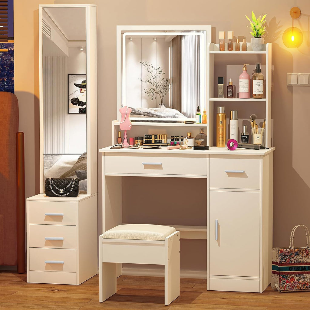 Greenvelly Makeup Vanity with Lights and 2 Mirror, White Vanity Table with 3 Lighting Modes and Stool Set, Large Dressing Table with Drawers, Vanity Desk for Women and Girl