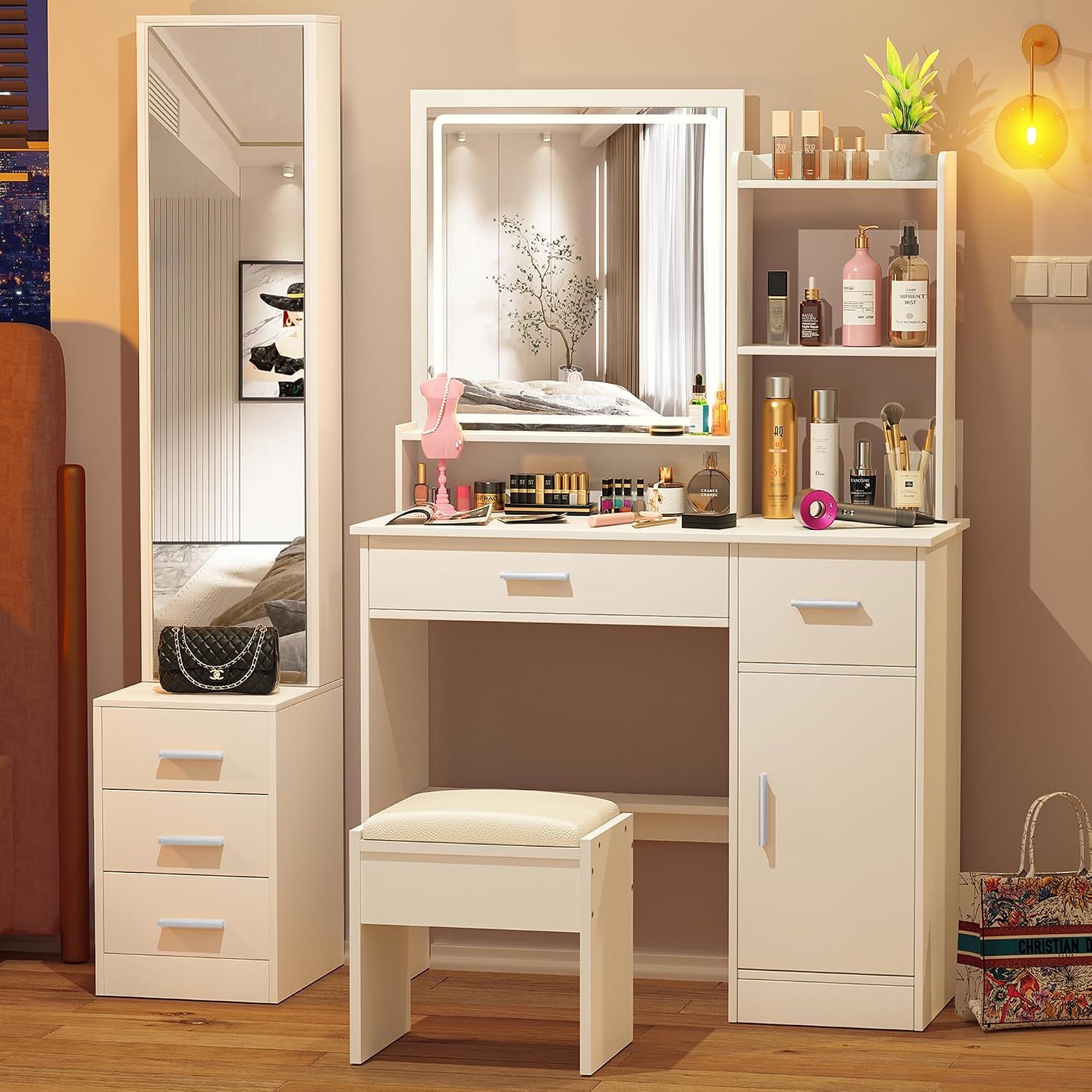 Greenvelly Makeup Vanity with Lights and 2 Mirror, White Vanity Table with 3 Lighting Modes and Stool Set, Large Dressing Table with Drawers, Vanity Desk for Women and Girl
