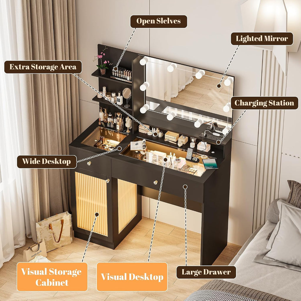 INNOD 40' Vanity Desk with Large Mirror and Lights, Modern Glass Top Makeup Vanity Set with Power Outlet, Drawers and Cabinet, 3 Lighting Color Adjustable Dressing Table for Bedroom, Black