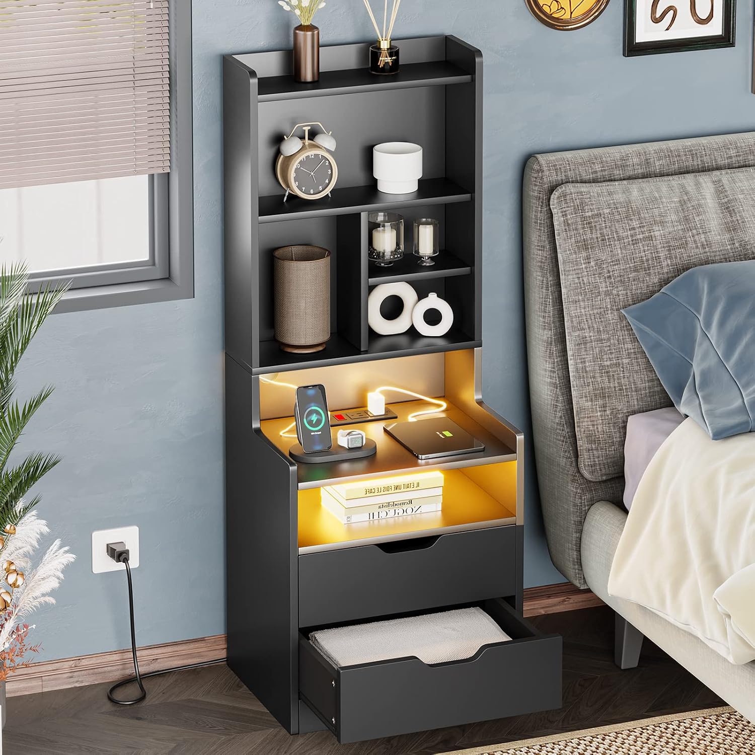 ADORNEVE Charging Nightstand Set of 2 with LED Lights,Tall Night Stand with Bookshelf,Bedside Table with Drawers,Black Side Tables Bedroom