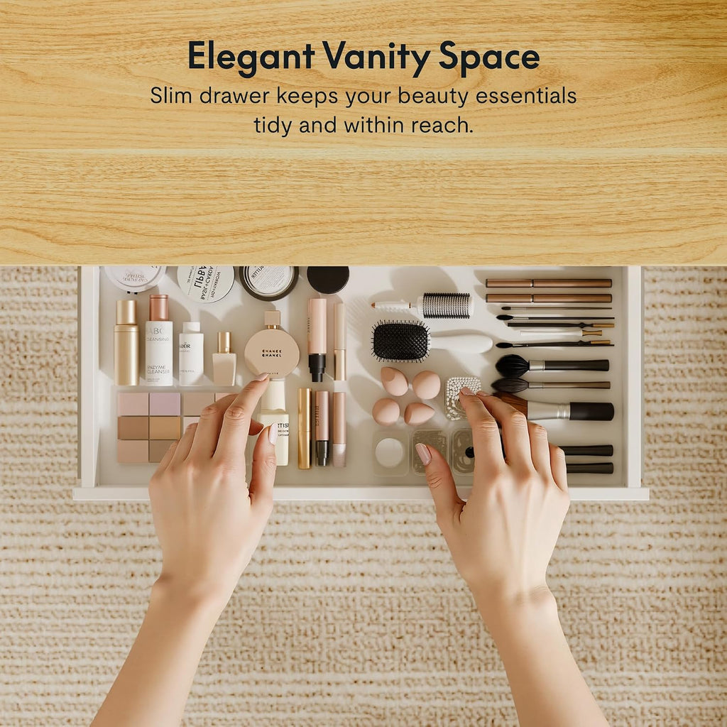 FLEXISPOT Electric Standing Makeup Vanity Desk with Drawer and USB Charge Ports&Child Lock, 48' Height Adjustable Whole-Piece Quick Install Dressing Table for Women Girls Bedroom Dressing Room, Maple