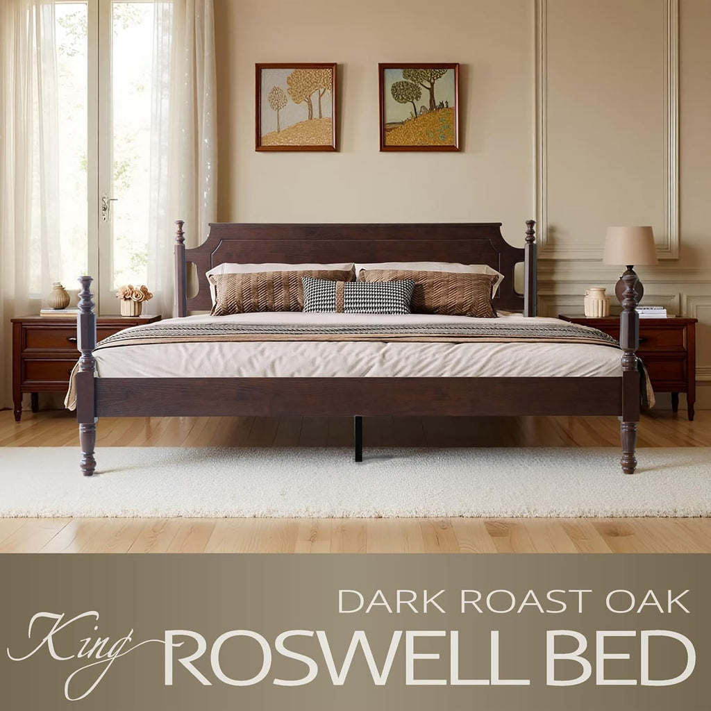 Solid Wood King Size Platform Bed Frame with Headboard & Footboard, 12 Strong Slats Base, Metal Legs, No Box Spring Needed, Easy Assembly, Anti-Noise & Slip-Free, Dark Roast Oak Finish, ROK-32