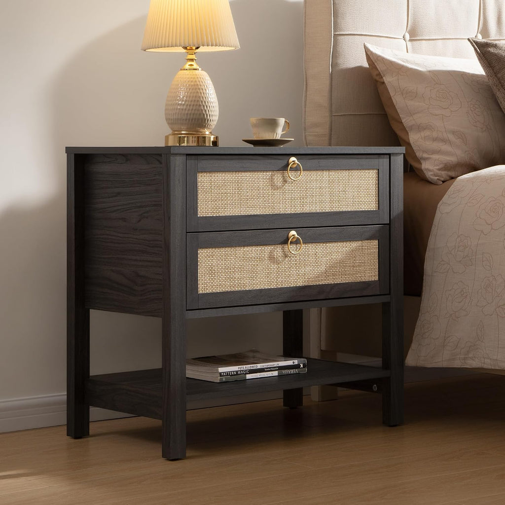 SICOTAS Night Stand with Drawers and Storage Shelf - Large Nightstands Rattan Decor Boho Bedside Table Narrow Side Table for Bedroom, Small Space