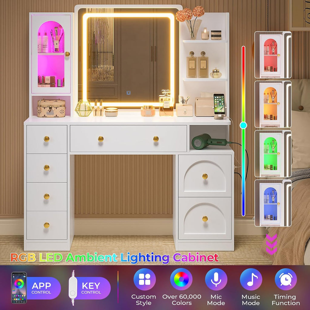 DICTAC Makeup Vanity Desk with Mirror and Lights, Large Vanity Table with Charging Station, 7 Drawers & 5 Hooks, RGB Lighted Glass Cabinet, Adjustable Shelf, for Bedroom & Bathroom, White