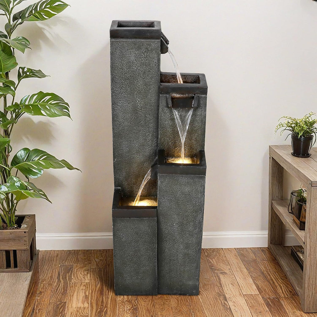 SunJet 4-Tier Modern Water Fountain, Indoor/Outdoor Resin Water Fountains with Soothing Water Sounds, Perfect for Garden, Patio, Home & Office, 12.5' L x 9.4' W x 39.3' H